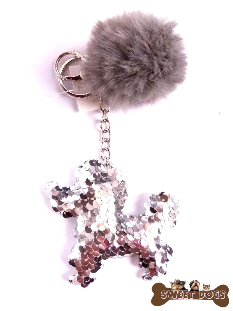 Flitteres uszkár kulcstartó ezüst színű 